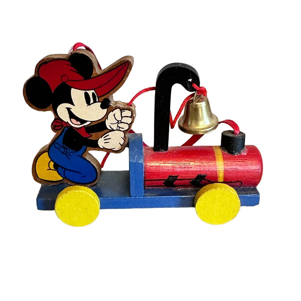 Vintage Mickey Mouse Wooden Train Ornament Christmas Disney 3" - Bell Rings!